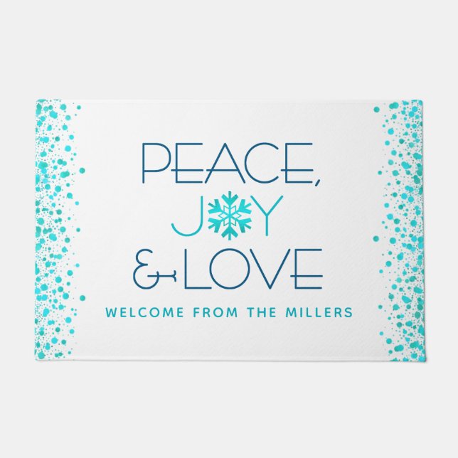 Felpudo Peace Joy Love Holiday Turquoise Snowflake Name (Anverso)