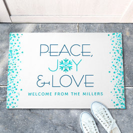 Felpudo Peace Joy Love Holiday Turquoise Snowflake Name