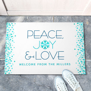 Felpudo Peace Joy Love Holiday Turquoise Snowflake Name