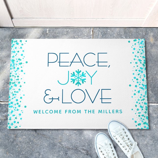Felpudo Peace Joy Love Holiday Turquoise Snowflake Name (Subido por el creador)