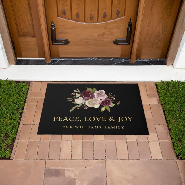 Felpudo Peace Love and Joy Winter Bouquet Black Holiday (Exterior)