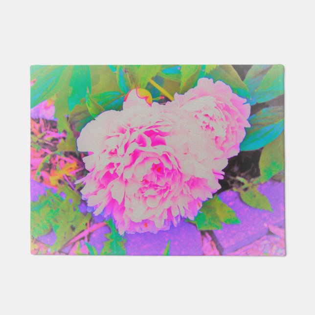 Felpudo Peonías rosa eléctricas en el colorido jardín (Anverso)