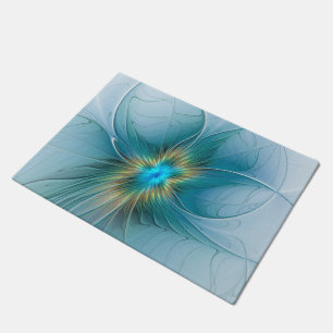 Felpudo Pequeña belleza arte fractal moderno azul oro Flor
