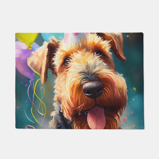 Felpudo Perro Airedale con gorra de cumpleaños y globos (Anverso)