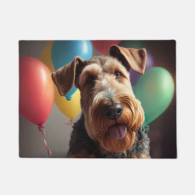 Felpudo Perro Airedale con torta y globos (Anverso)