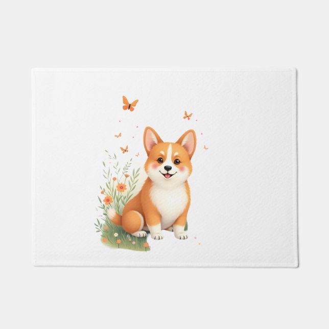 Felpudo Perro Akita con flor y camiseta con mariposa (Anverso)