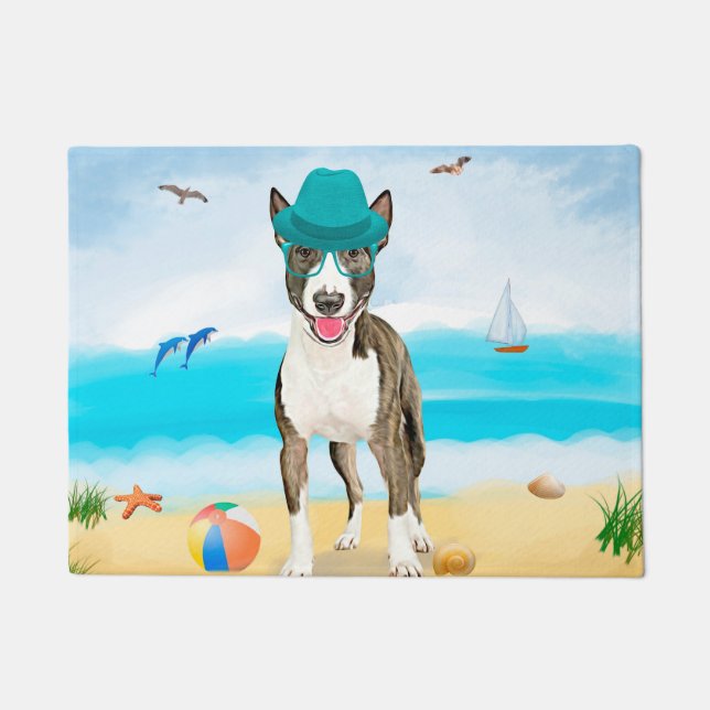 Felpudo Perro Bull Terrier en la Playa (Anverso)