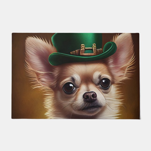 Felpudo Perro Chihuahua con vestido del Día de San Patrici (Anverso)