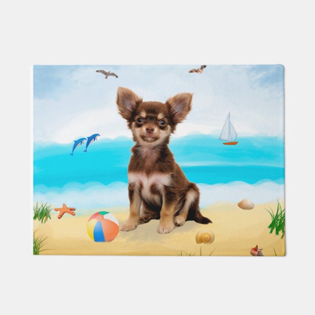 Felpudo Perro Chihuahua en la playa (Anverso)