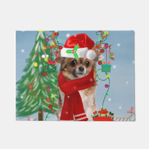 Felpudo Perro Chihuahua en nieve con regalos de Navidades
