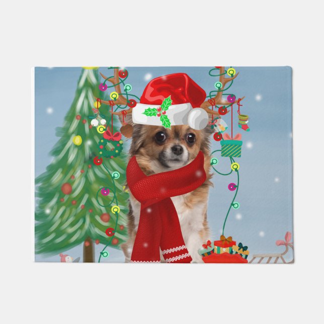 Felpudo Perro Chihuahua en nieve con regalos de Navidades (Anverso)