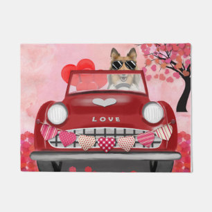 Felpudo Perro Collie Áspero en Coche con Corazones de San 