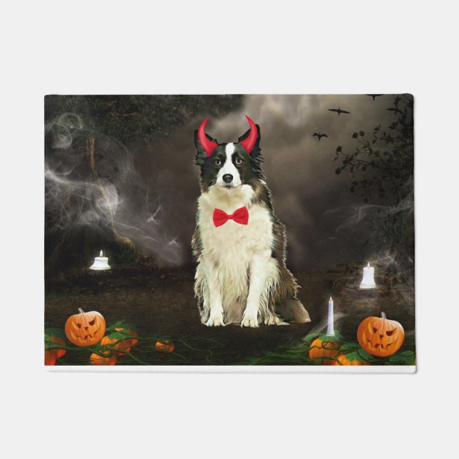 Felpudo Perro collie fronterizo con disfraz de Halloween (Anverso)