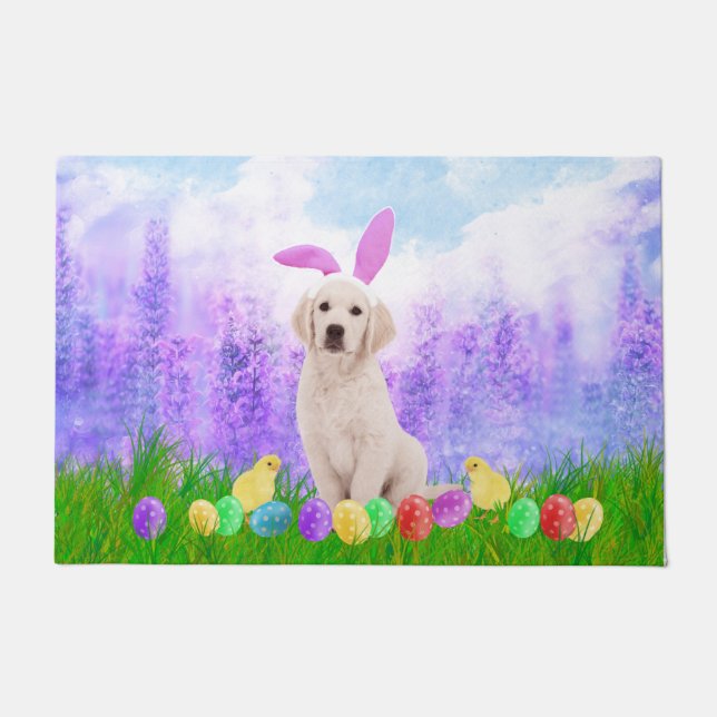 Felpudo Perro con huevos de pascua y pollitos conejitos (Anverso)