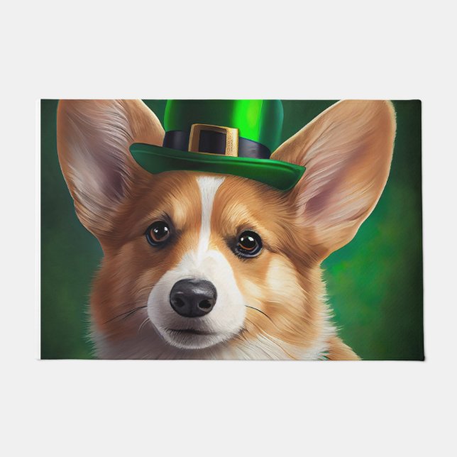 Felpudo Perro Corgi con vestido de San Patricio (Anverso)