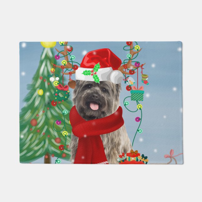 Felpudo Perro de Cairn Terrier en la nieve con regalos de  (Anverso)