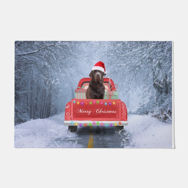 Felpudo Perro de chocolate labrador en Navidades en servic (Anverso)