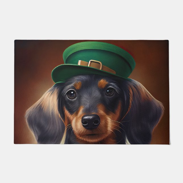 Felpudo Perro de Dachshund con vestido de San Patricio (Anverso)