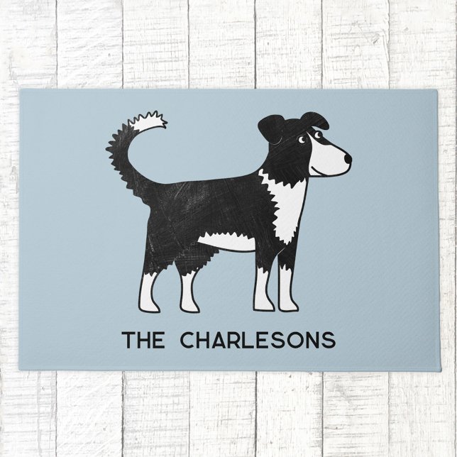 Felpudo Perro de oveja galés de frontera personalizada (Fun Welsh Border Collie Sheepdog dog themed personalized family name doormat)