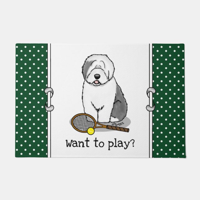 Felpudo Perro de perro viejo inglés de tenis (gris 1) (Anverso)
