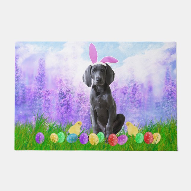 Felpudo Perro de Weimaraner con huevos de Pascua y pollito (Anverso)