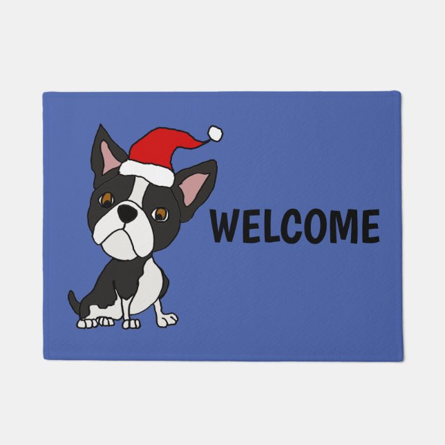 Felpudo Perro divertido de Boston Terrier en navidad del (Anverso)