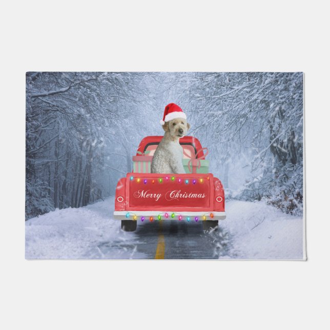 Felpudo Perro goldendoodle en Nieve sentado en Navidades (Anverso)