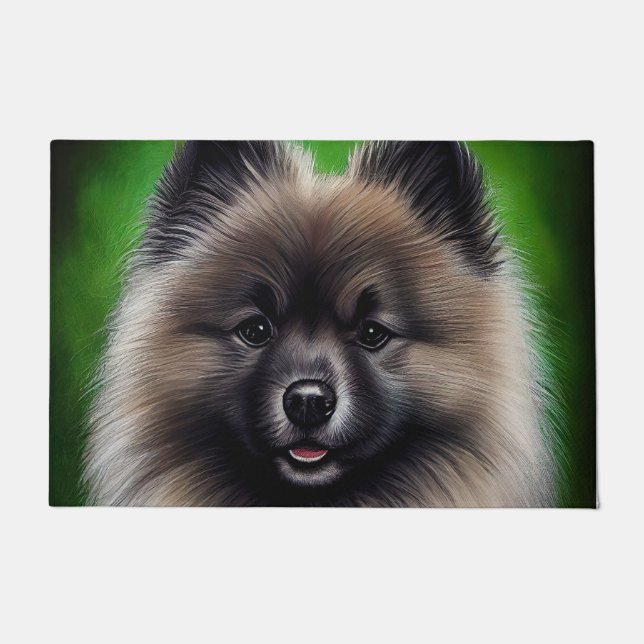 Felpudo Perro Keeshond con vestido de San Patricio (Anverso)