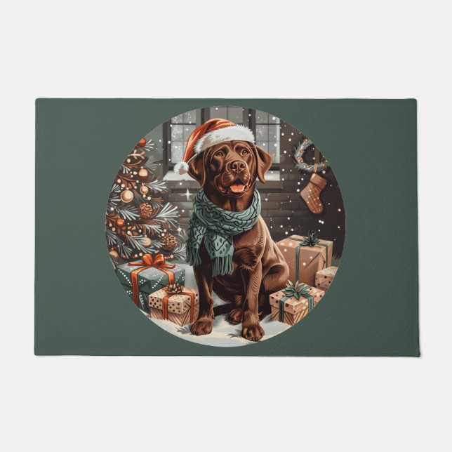 Felpudo Perro Labrador Retriever de chocolate de Navidad (Anverso)