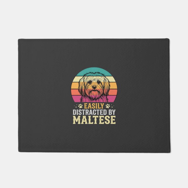 Felpudo Perro maltés distraído en puesta de sol retro (Anverso)