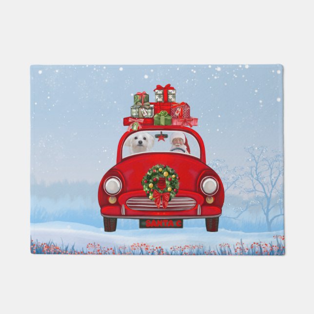 Felpudo Perro maltés en auto con Santa Claus (Anverso)