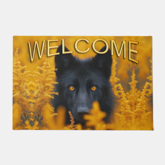 Felpudo Perro negro con asombrosos ojos de oro bienvenido