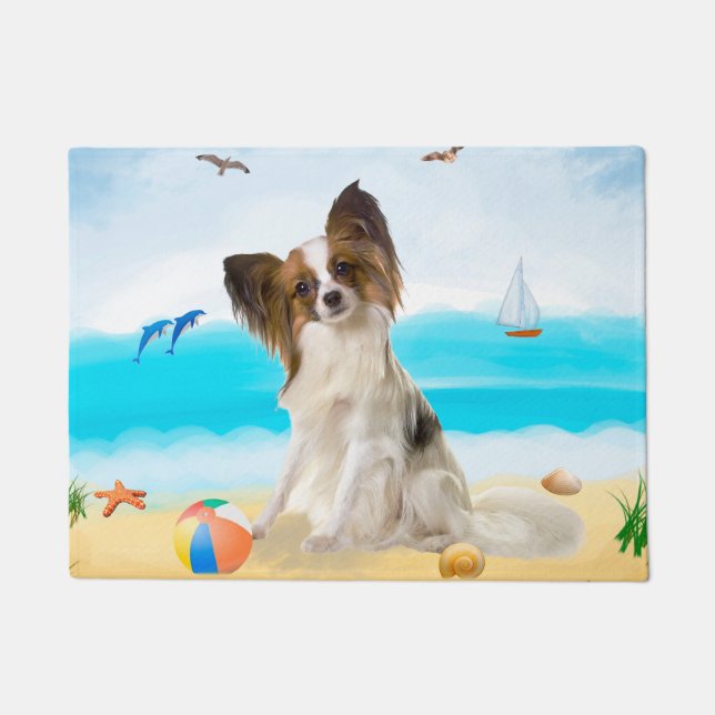 Felpudo Perro Papillon en la playa (Anverso)