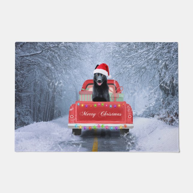 Felpudo Perro pastor alemán en nieve sentado en Navidades (Anverso)