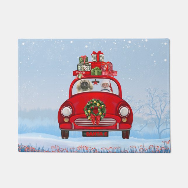 Felpudo Perro Pekingés En Coche Con Santa Claus (Anverso)