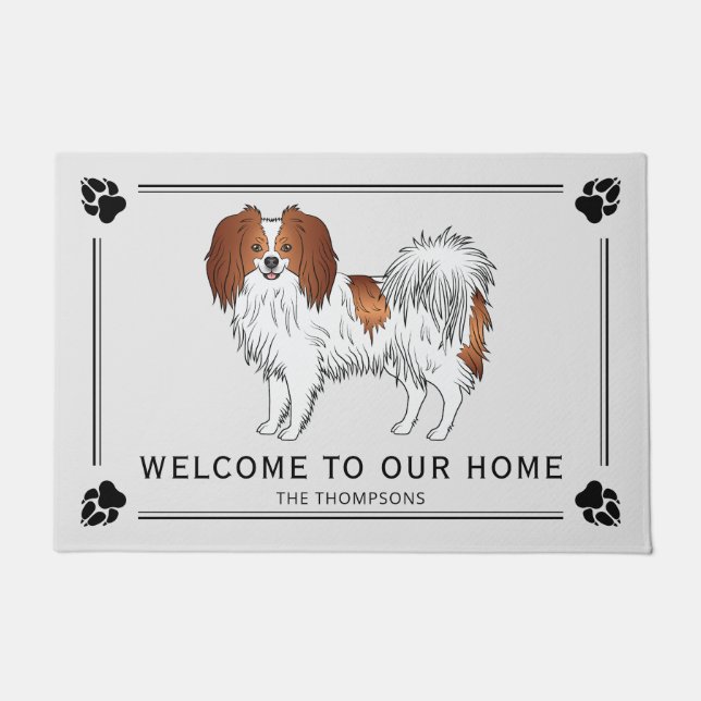 Felpudo Perro Phalène Rojo Y Blanco Con Texto De Bienvenid (Anverso)