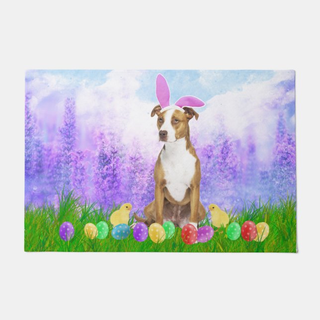 Felpudo Perro Pitbull con huevos de Pascua y pollitos conf (Anverso)