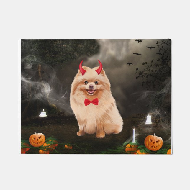 Felpudo Perro pomerano con traje de Halloween (Anverso)