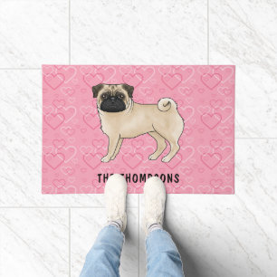 Felpudo Perro Pug Cervato Cute Mops y Corazones Rosados co