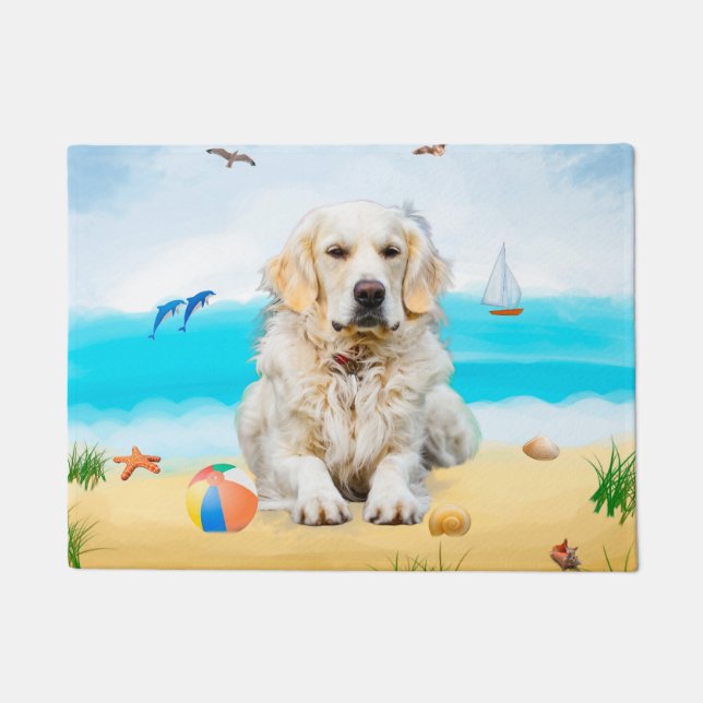 Felpudo Perro Retriever Dorado en la Playa (Anverso)