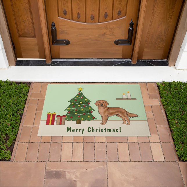 Felpudo Perro Retriever Dorado Rojo Con Árbol de Navidad (Exterior)