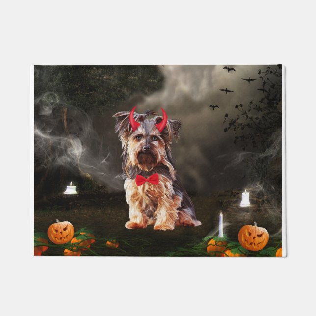 Felpudo Perro Terrier de Yorkshire en Halloween (Anverso)