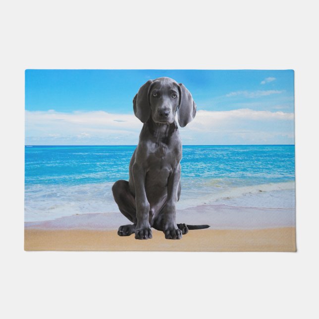 Felpudo Perro Weimaraner Sentado En La Playa (Anverso)