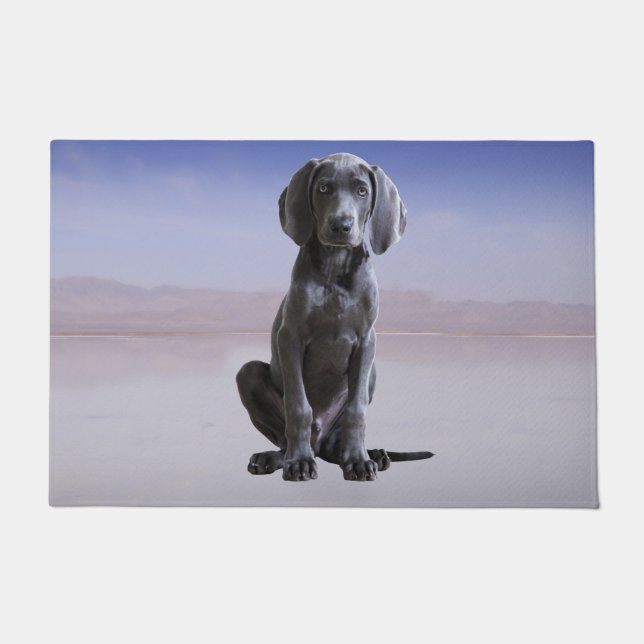 Felpudo Perro Weimaraner Sentado En La Playa (Anverso)