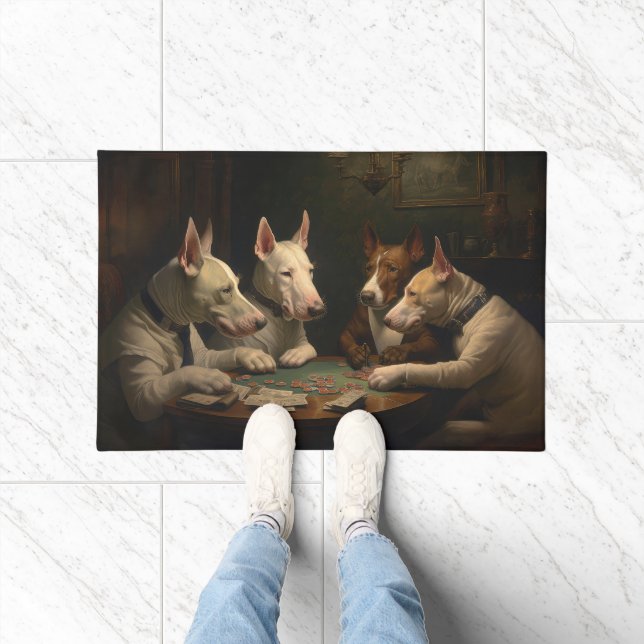 Felpudo Perros de Bull Terrier Jugando al Arte de Poker (Interior)
