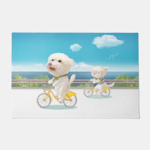 Felpudo Perros y gatos en bicicleta junto al mar