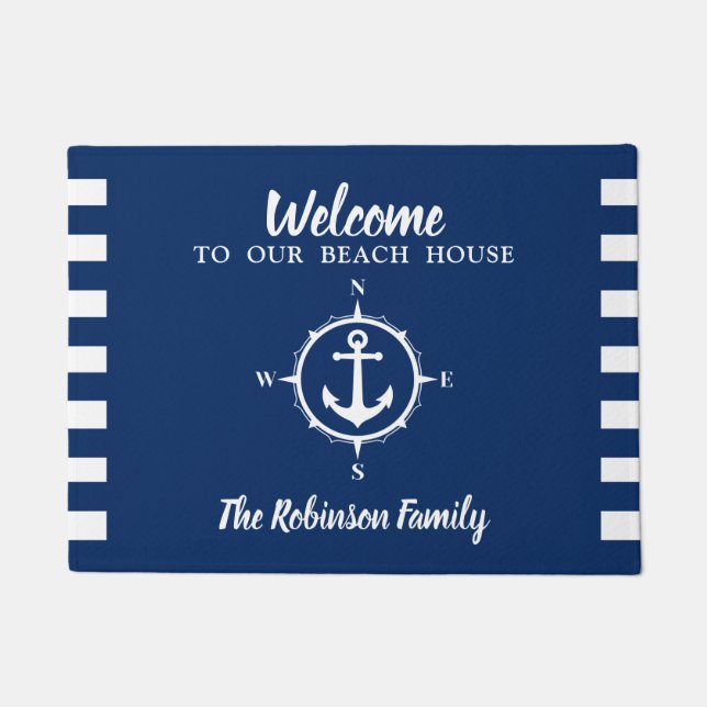 Felpudo Personalizado Beach House Nombre Familia Compass A (Anverso)