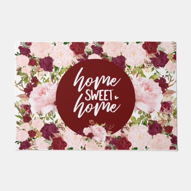 Felpudo Personalizado Burgundy Floral Hogar dulce hogar (Anverso)