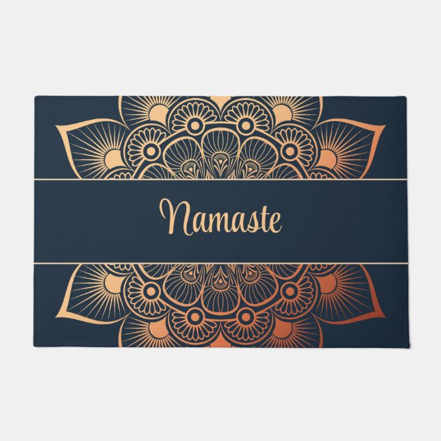 Felpudo Personalizado de Boho Navy Blue y Peach Mandala (Anverso)