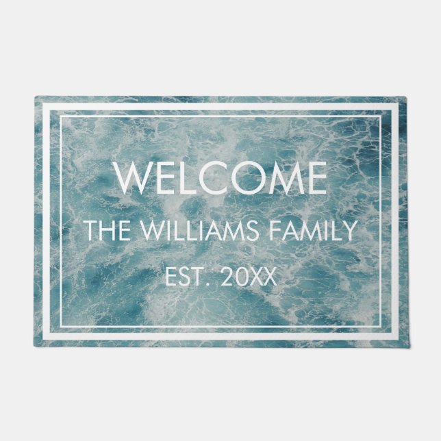 Felpudo Personalizado de nombre familiar Blue Green Ocean  (Anverso)